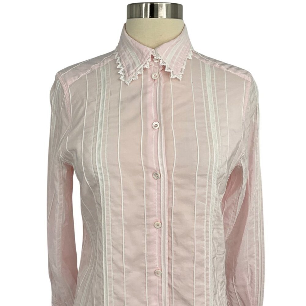 Bella Freud Button Down Shirt Pink Striped Scalloped Collar Cuffs Size 8 Preppy - Picture 2 of 12